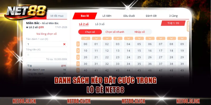 Danh sách kèo đặt cược trong lô đề NET88